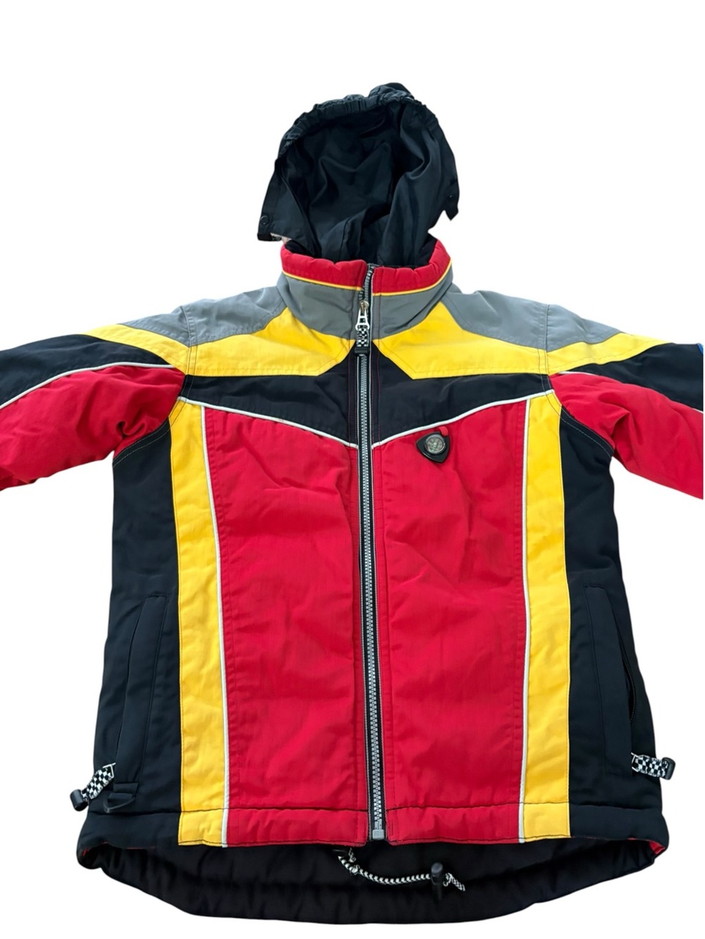 Obermeyer Kids Super G Insulated Ski Jacket Size 8 Red Yellow Pocket Hood